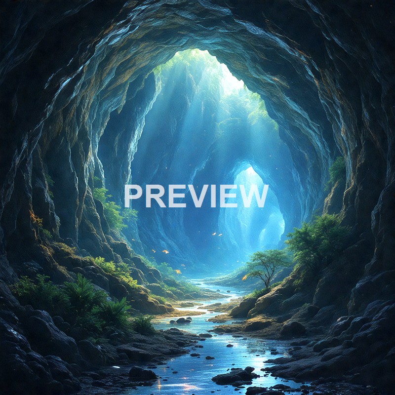 A luminous cave with sunlight streaming through openings at the top, illuminating a flowing stream surrounded by lush greenery.